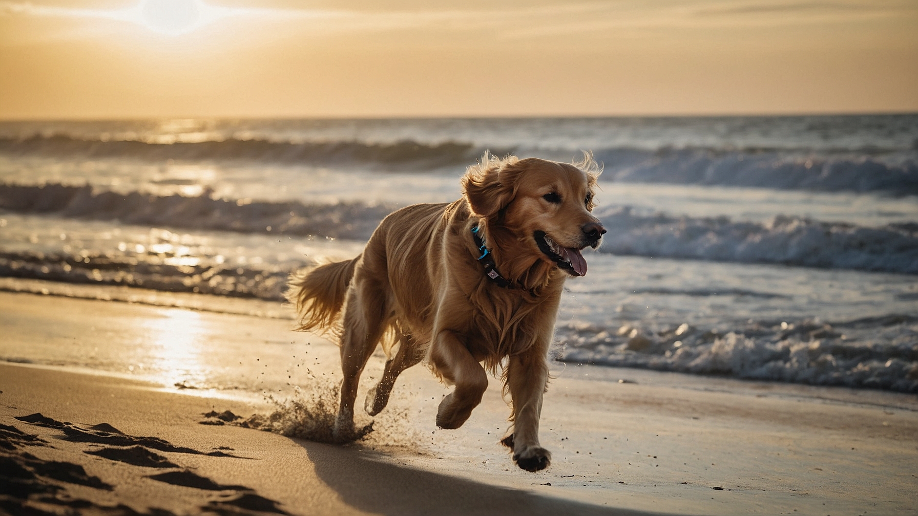 Golden retriever that is running on the beach with a gps tracker on his collar . The dog and the gps collar should be in the foreground