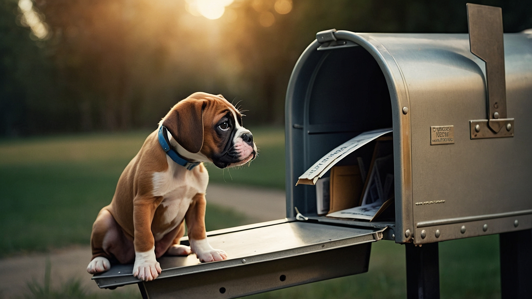 A fluffy, energetic Boxer puppy into a box letter with 
